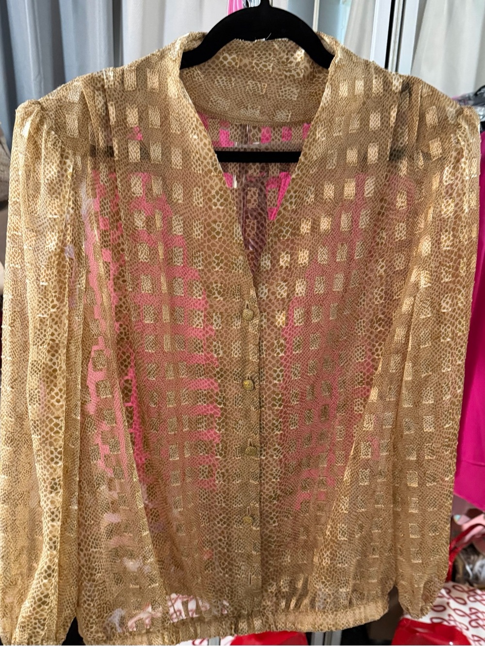Source Unknown Gold Sheer Metallic Button Front Blouse